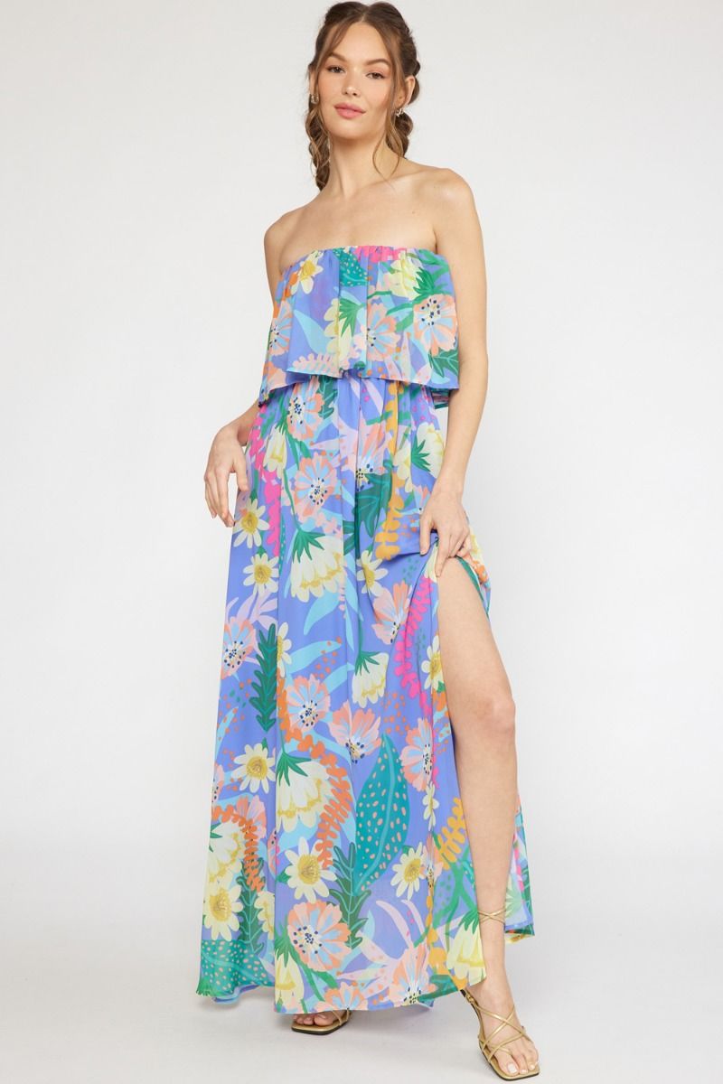SALE Tropical Print Strapless Maxi Dress featuring slit at side