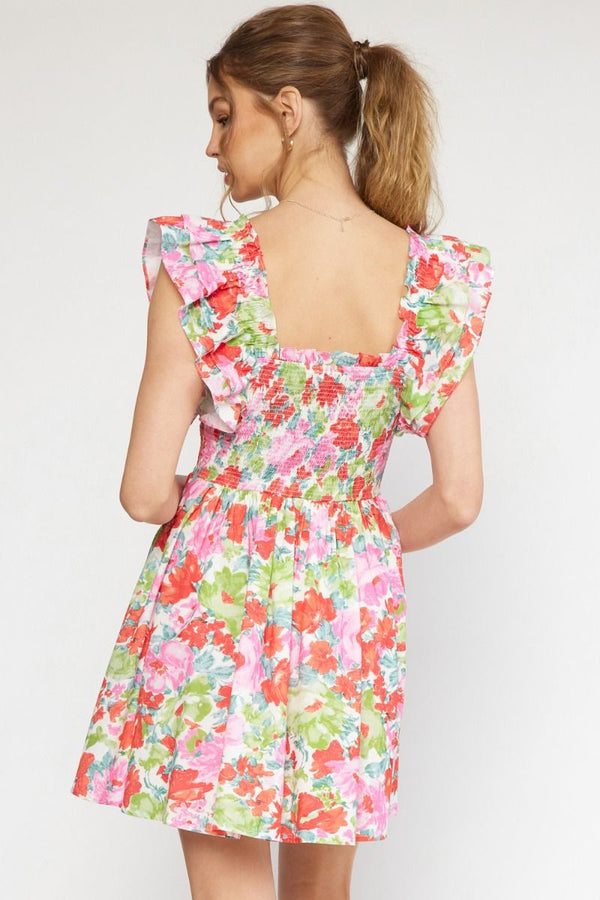 Floral Print Square Neck Ruffle Sleeve mini dress