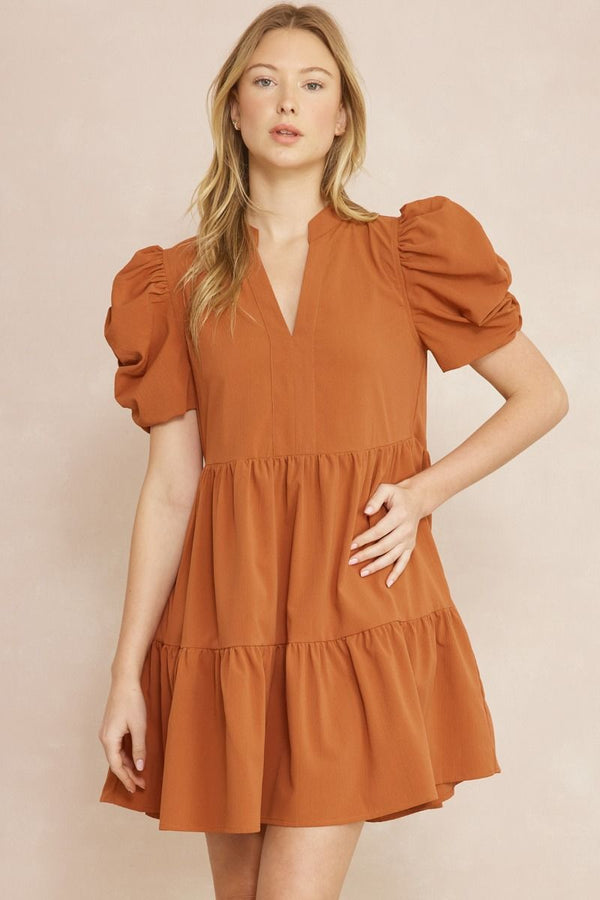 Solid v-neck puff sleeve mini dress featuring ruching at sleeves