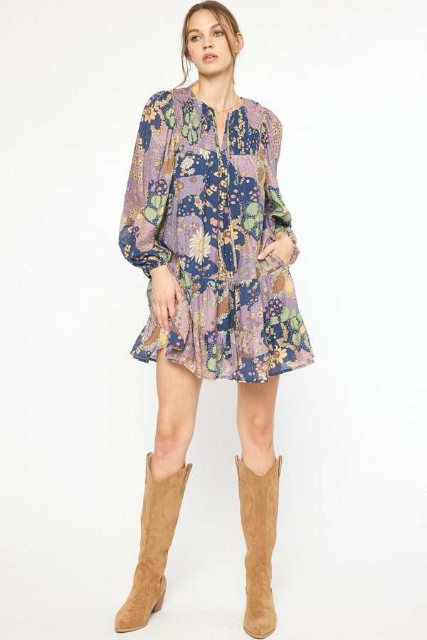 Floral Print V-neck Long Sleeve Mini Dress