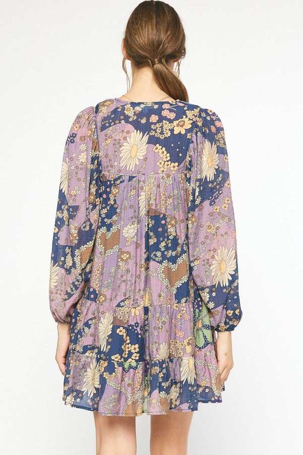 Floral Print V-neck Long Sleeve Mini Dress