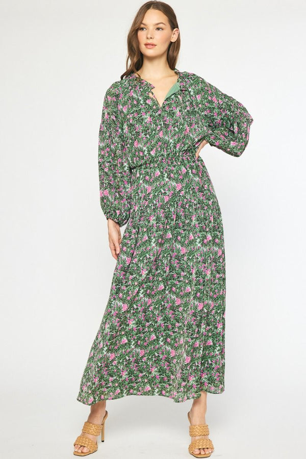 Floral print long sleeve maxi dress featuring self tie at front