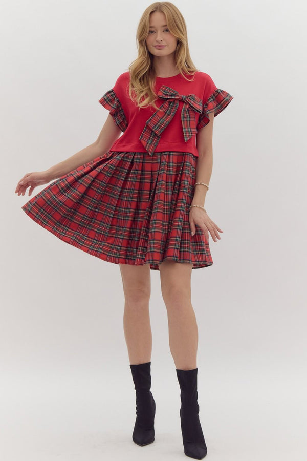 Entro Solid twofer Plaid Mini Dress with Ruffled Sleeves