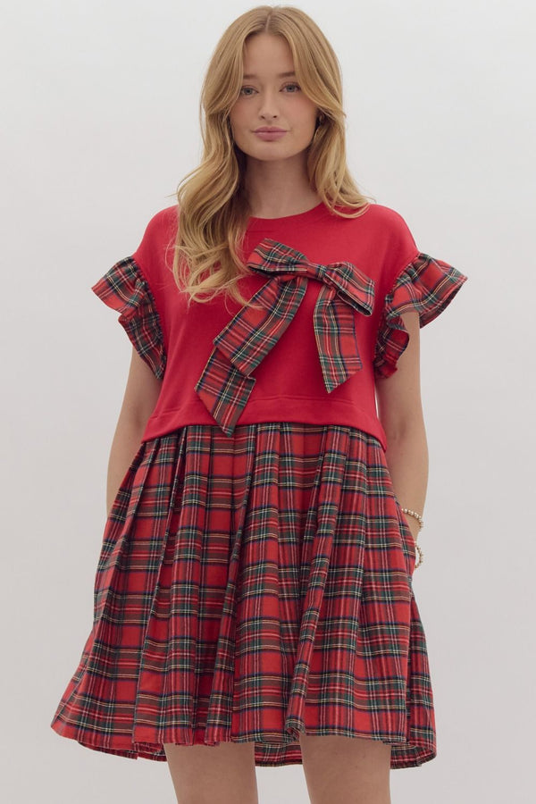 Entro Solid twofer Plaid Mini Dress with Ruffled Sleeves