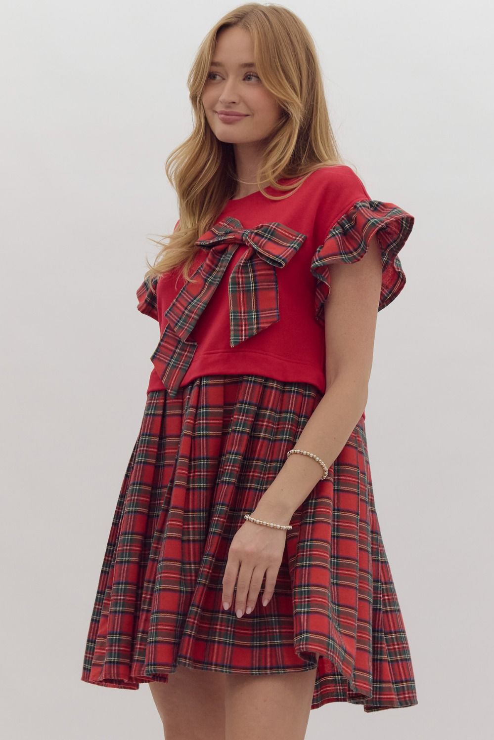 Entro Solid twofer Plaid Mini Dress with Ruffled Sleeves