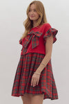 Entro Solid twofer Plaid Mini Dress with Ruffled Sleeves