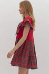 Entro Solid twofer Plaid Mini Dress with Ruffled Sleeves