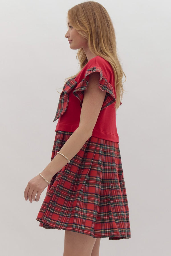 Entro Solid twofer Plaid Mini Dress with Ruffled Sleeves