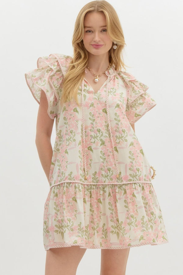 Entro Floral print Triple layer ruffle sleeve dress