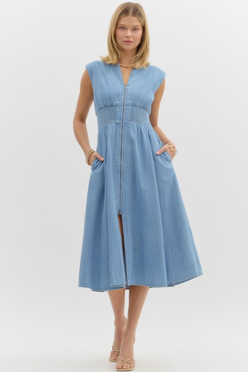 Entro Denim Sleeveless Midi Dress