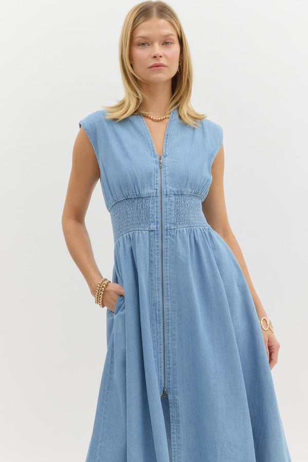 Entro Denim Sleeveless Midi Dress