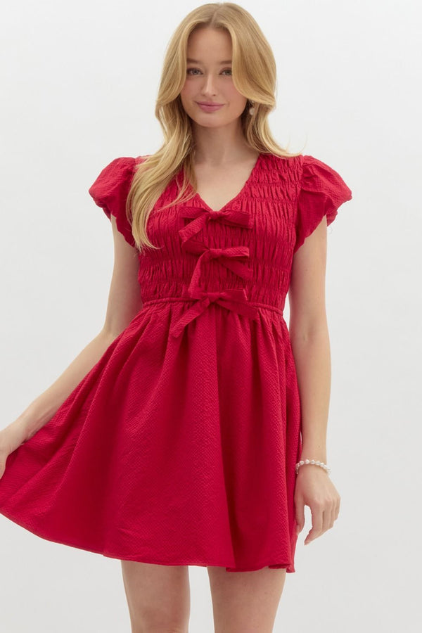 Entro Solid Textured Short Bubble Sleeve pullover dress