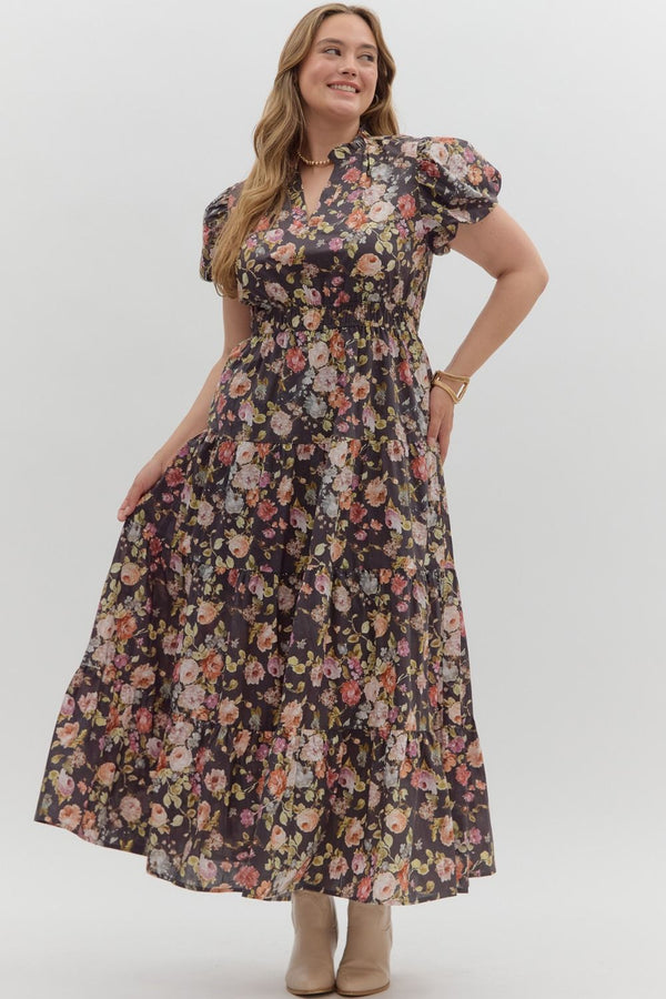 Entro Floral Print Short Bubble Puff Sleeve midi tiered dress - Curvy size