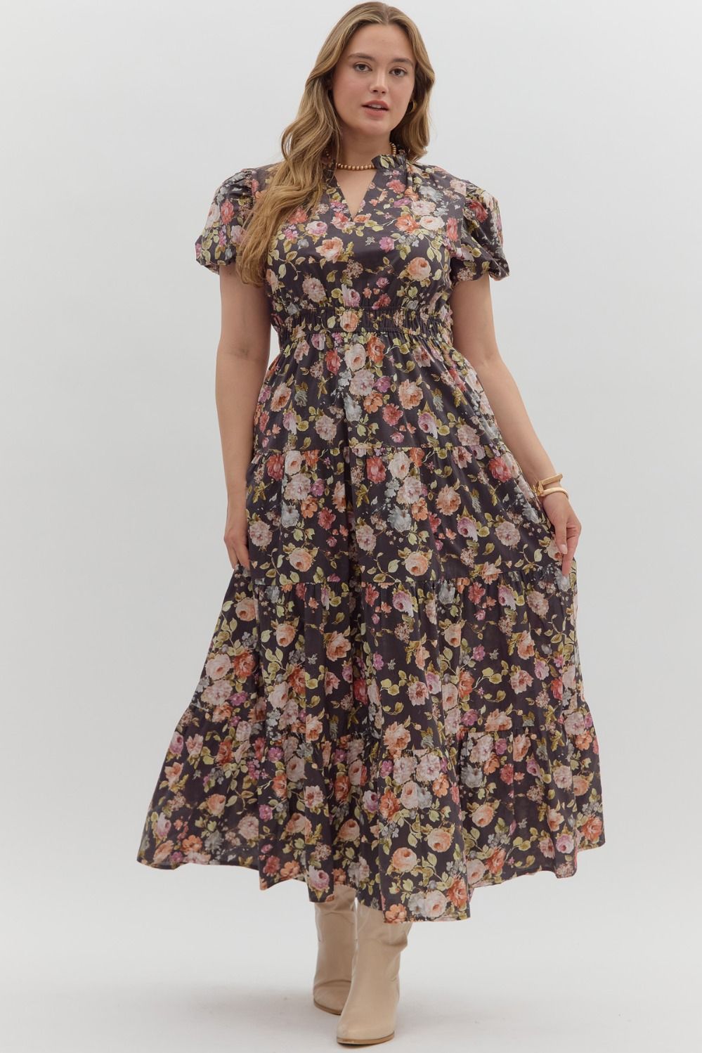 Entro Floral Print Short Bubble Puff Sleeve midi tiered dress - Curvy size