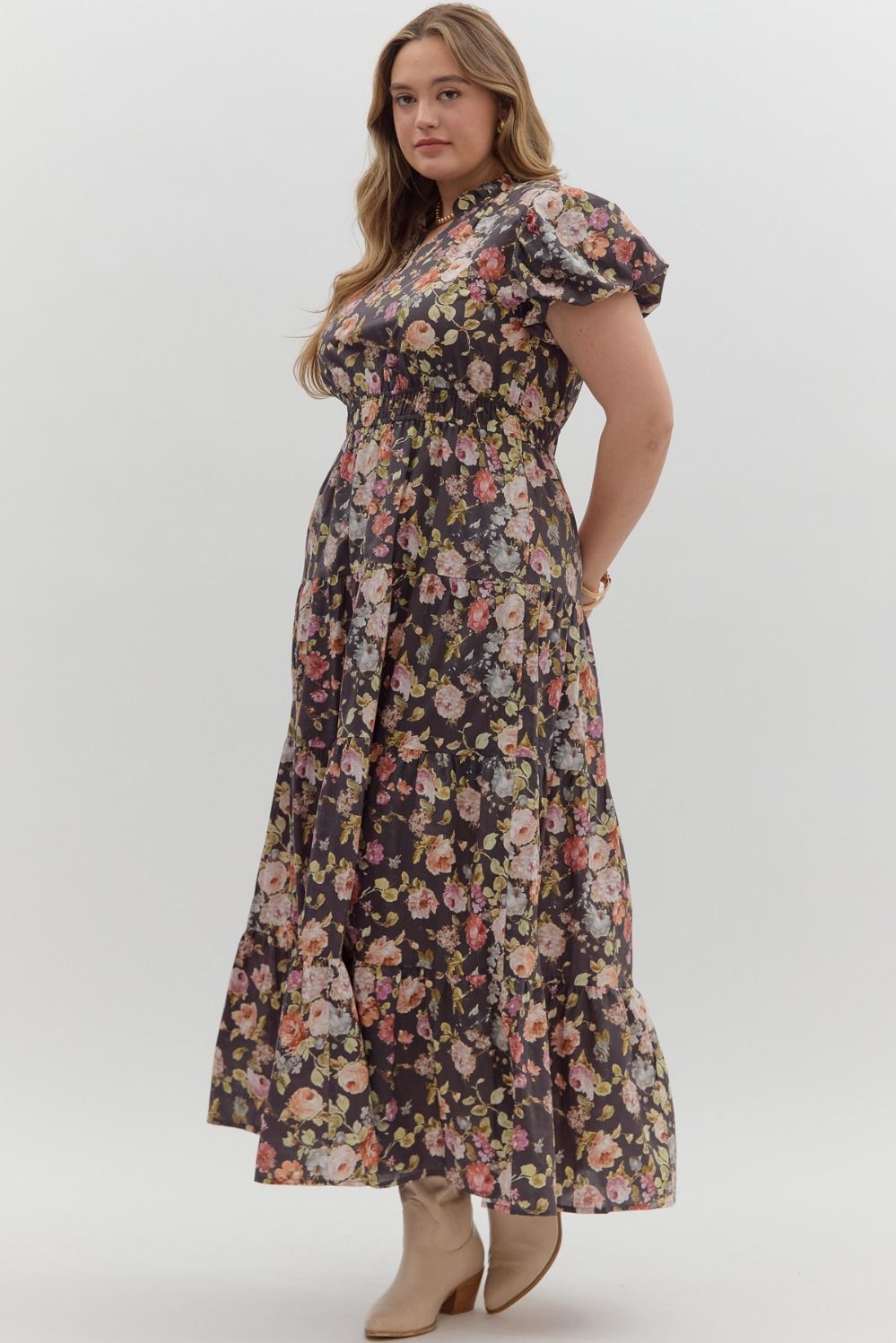 Entro Floral Print Short Bubble Puff Sleeve midi tiered dress - Curvy size