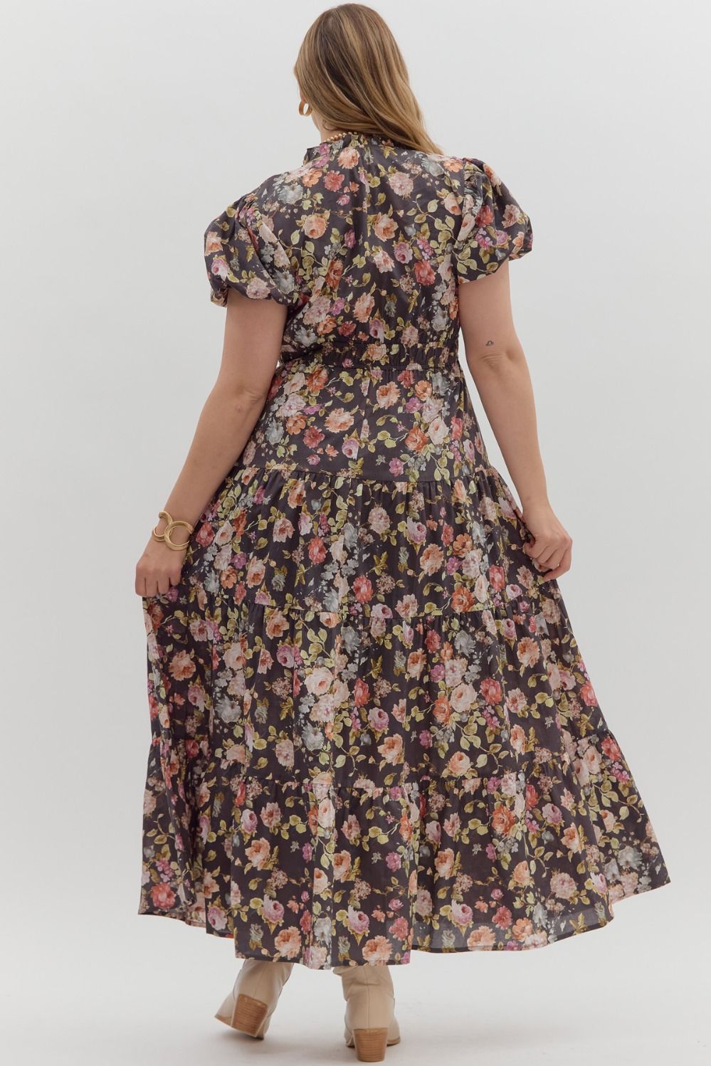 Entro Floral Print Short Bubble Puff Sleeve midi tiered dress - Curvy size