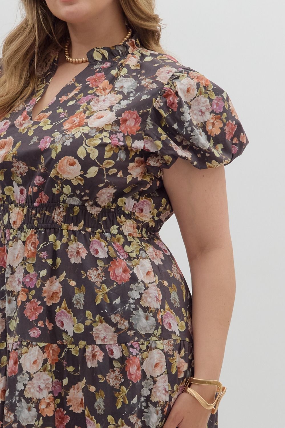 Entro Floral Print Short Bubble Puff Sleeve midi tiered dress - Curvy size