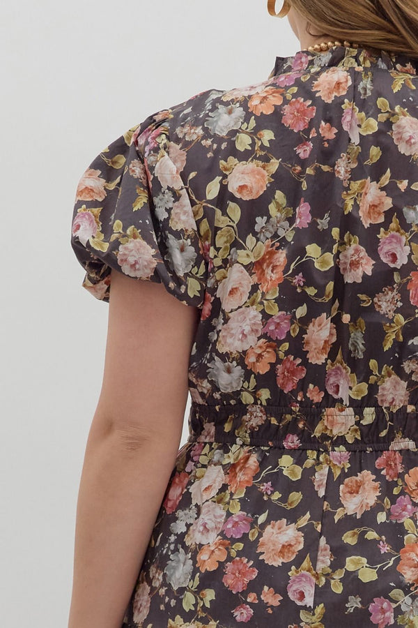 Entro Floral Print Short Bubble Puff Sleeve midi tiered dress - Curvy size
