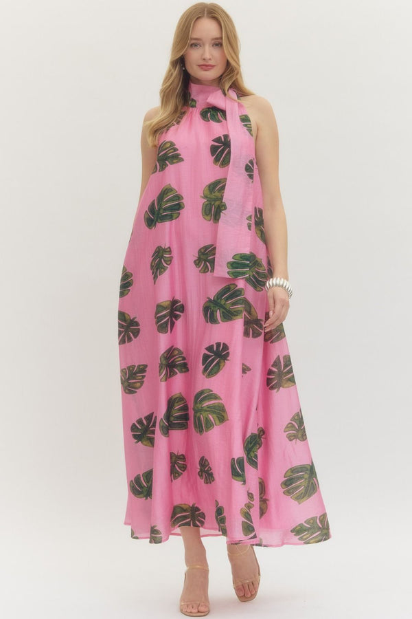Entro Leaf Print Halter neck Maxi Dress - Blush & Cactus