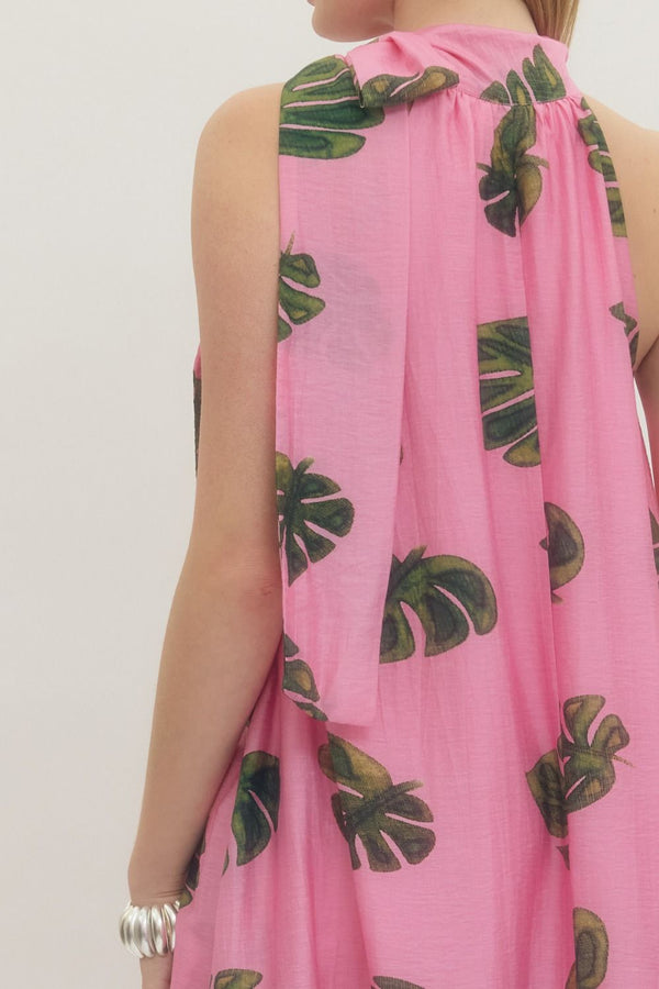 Entro Leaf Print Halter neck Maxi Dress - Blush & Cactus