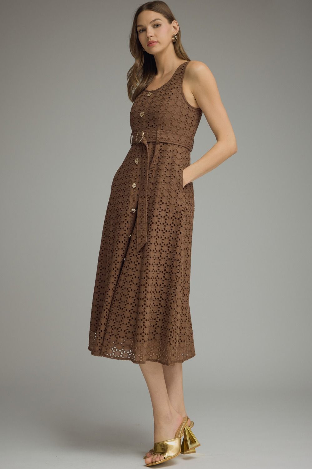 Entro Solid Sleeveless Midi Dress