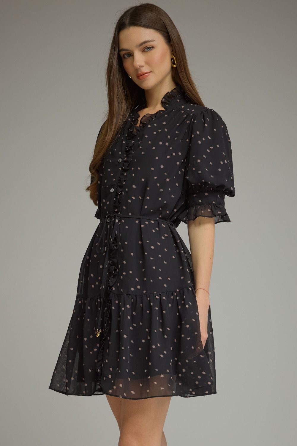 Entro Dot Print Short Puff Sleeve Mini Dress - Blush & Cactus