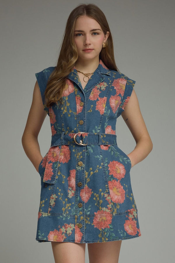 Entro Floral Sleeveless Denim Mini Dress - Blush & Cactus