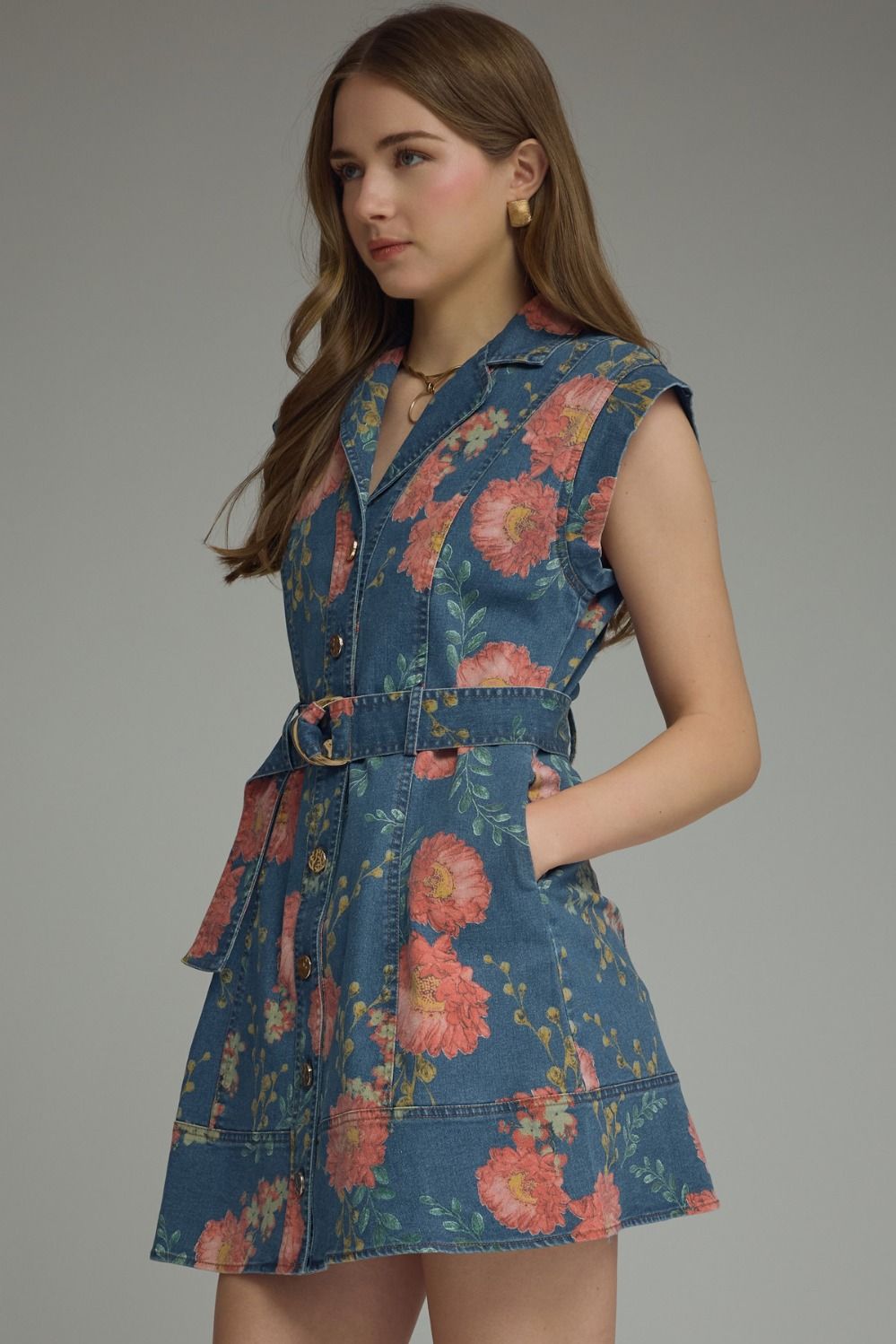 Entro Floral Sleeveless Denim Mini Dress - Blush & Cactus