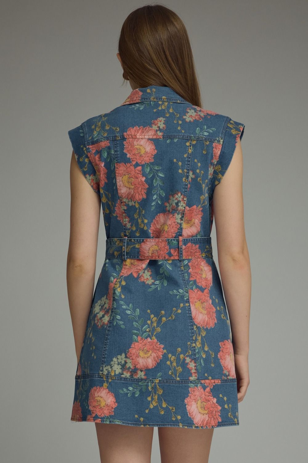 Entro Floral Sleeveless Denim Mini Dress - Blush & Cactus