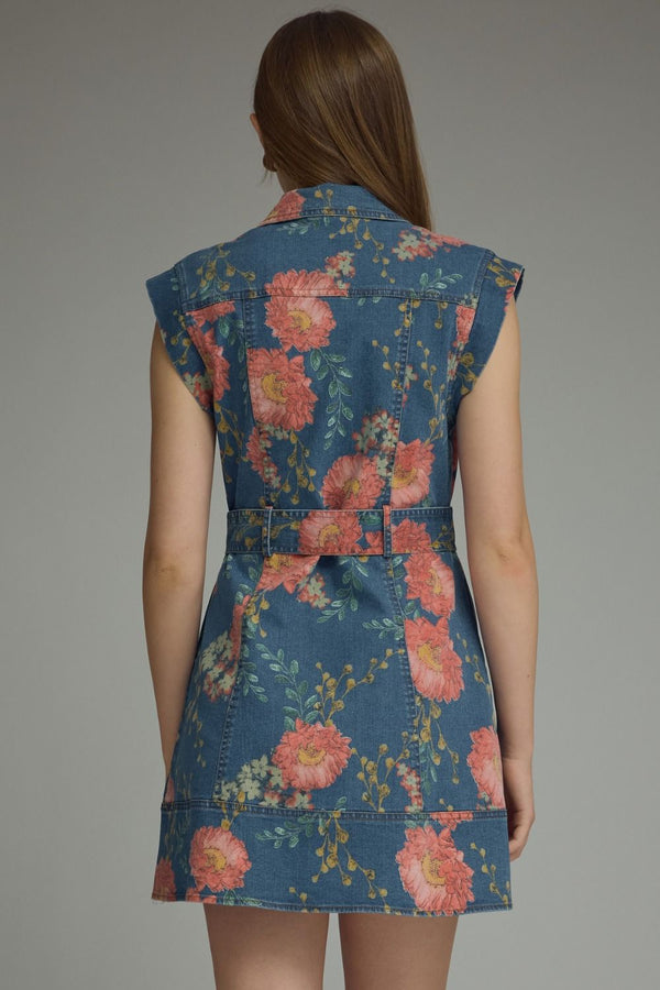 Entro Floral Sleeveless Denim Mini Dress - Blush & Cactus