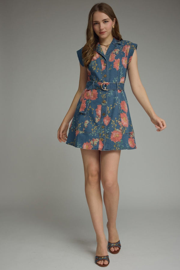 Entro Floral Sleeveless Denim Mini Dress - Blush & Cactus
