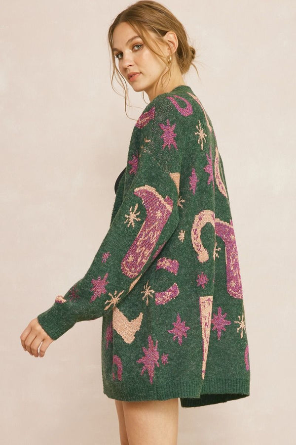 Printed Open Front Cardigan featuring Ribbed Detail