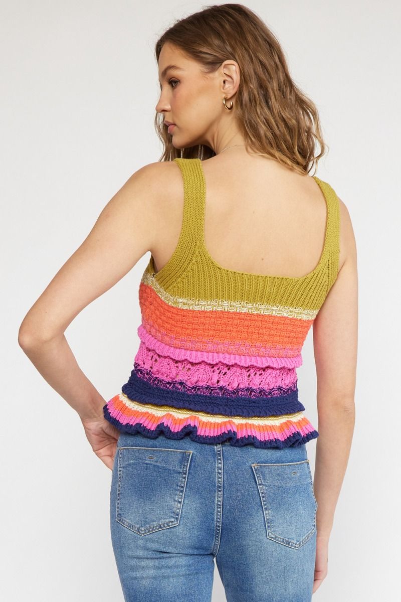 Crochet round neck colorblock peplum top