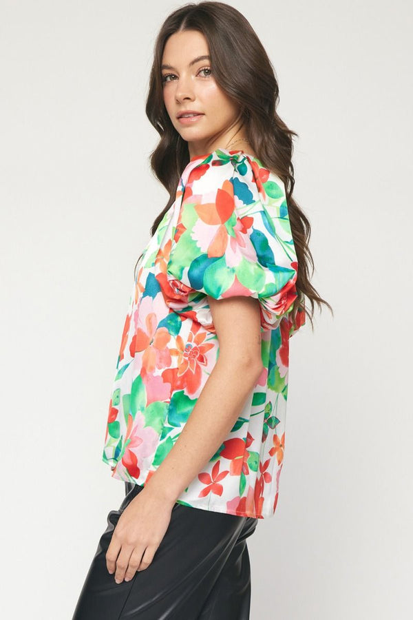 Entro Floral V-neck Top featuring bubble sleeves