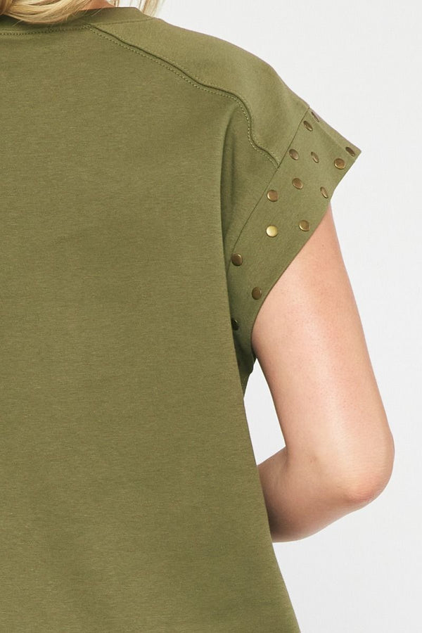 Solid Short Sleeve Top featuring Stud detail at Sleeves - 2 Colors