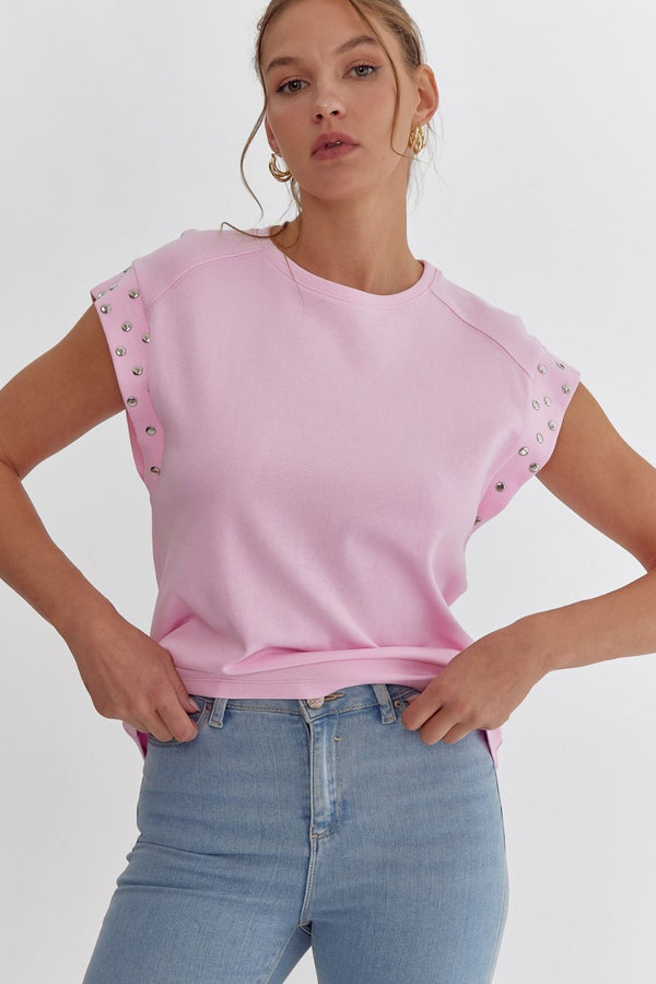 Solid Short Sleeve Top featuring Stud detail at Sleeves - 3 Colors