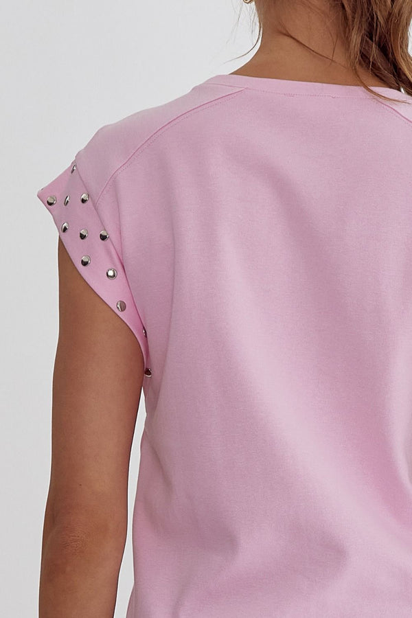 Solid Short Sleeve Top featuring Stud detail at Sleeves - 3 Colors