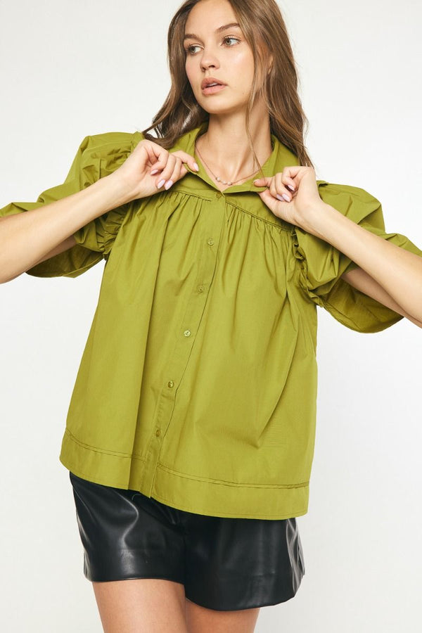 Solid Button up Half Sleeve Top
