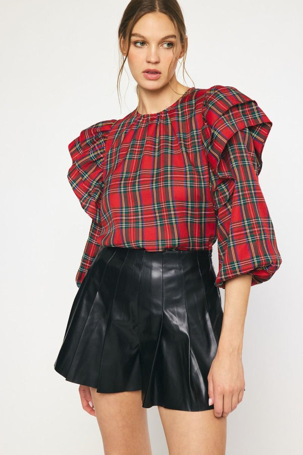 Plaid Print 3/4 sleeve top featuring ruffle overlay detail at shoulders