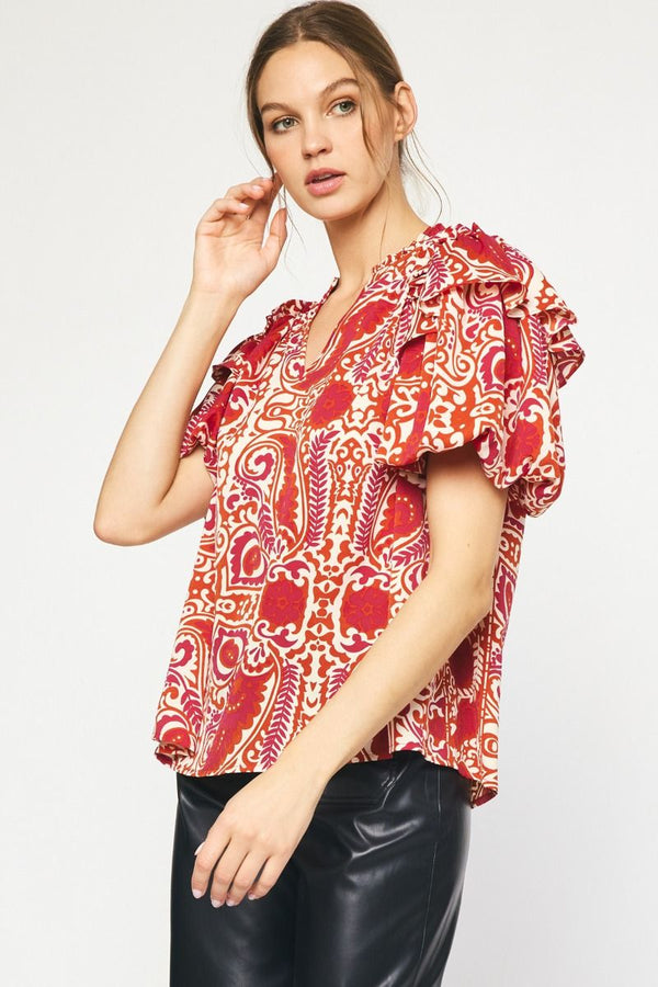 Printed Short Sleeve v-neck top featuring ruffle detail - Curvy Size