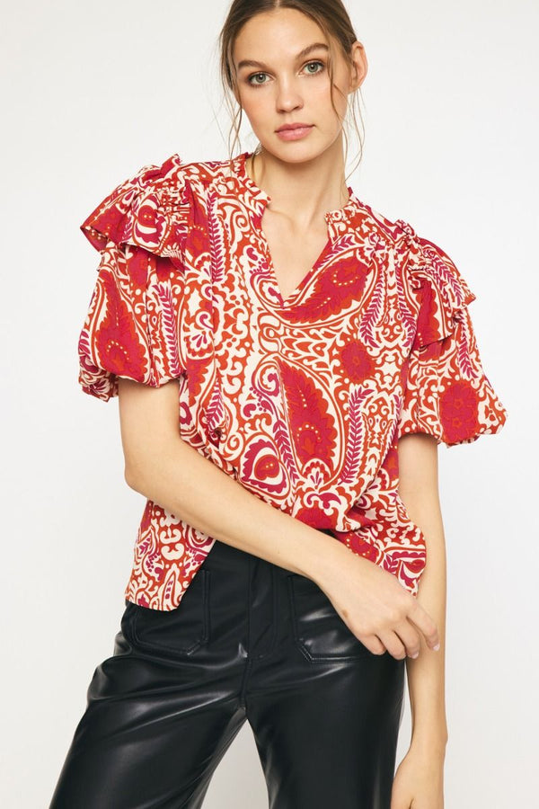Printed Short Sleeve v-neck top featuring ruffle detail - Curvy Size