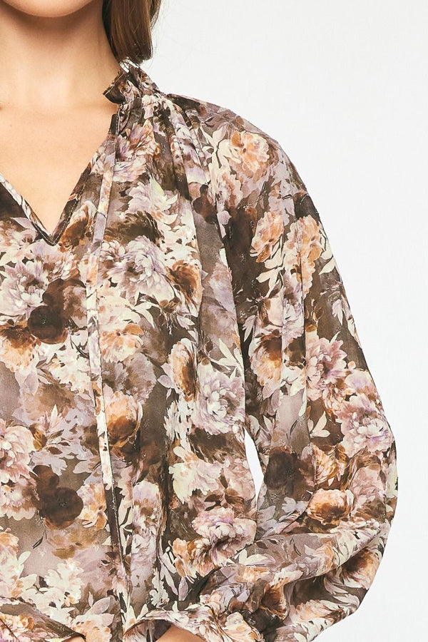 Floral Print Long Sleeve Top featuring ruffle detail at cuff and neck