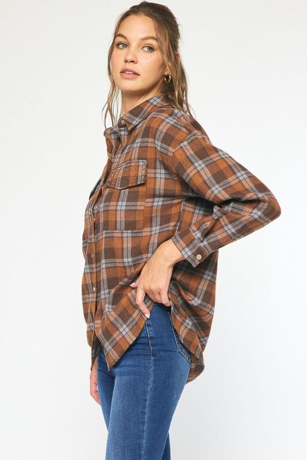 Plaid collared button up long sleeve shirt top featuring stud detail at bust