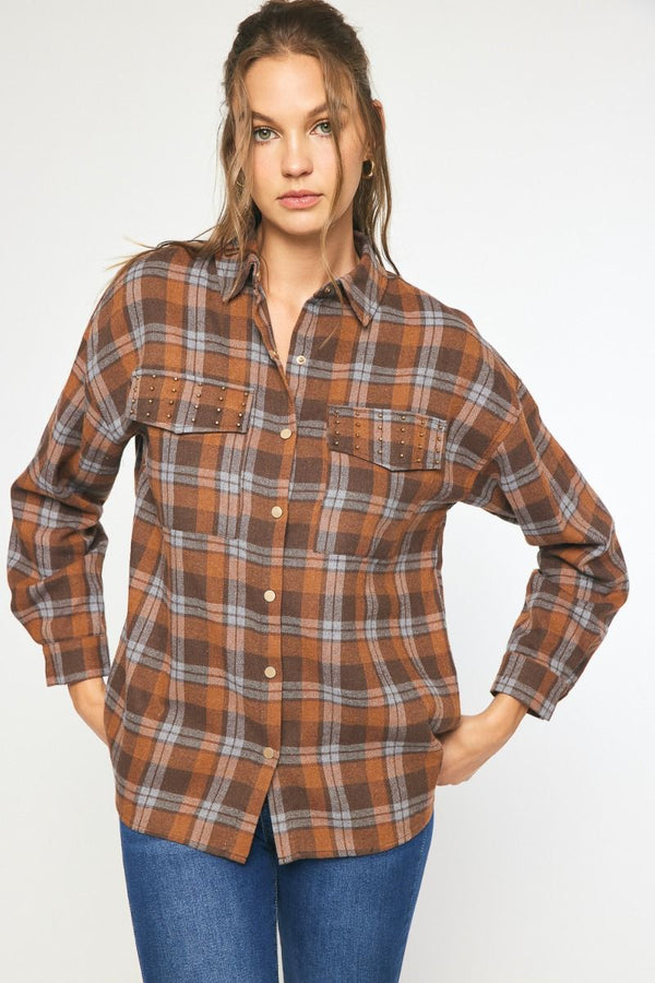 Plaid collared button up long sleeve shirt top featuring stud detail at bust