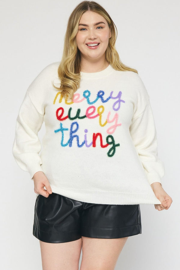 Round Neck Fuzzy knit Sweater featuring lettering trimming detail - Curvy Size