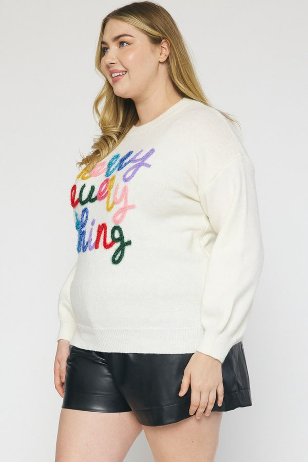 Round Neck Fuzzy knit Sweater featuring lettering trimming detail