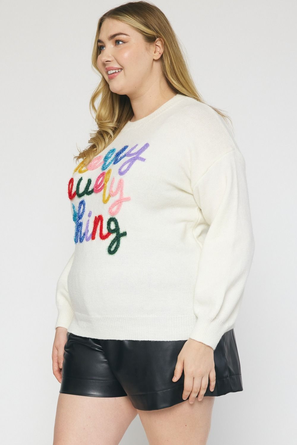 Round Neck Fuzzy knit Sweater featuring lettering trimming detail - Curvy Size - Blush & Cactus