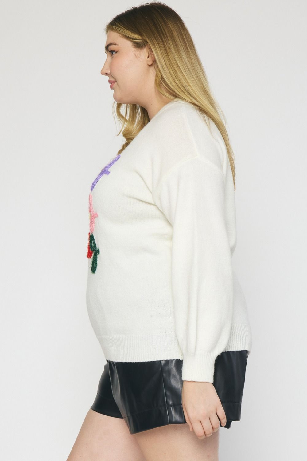 Round Neck Fuzzy knit Sweater featuring lettering trimming detail - Curvy Size - Blush & Cactus