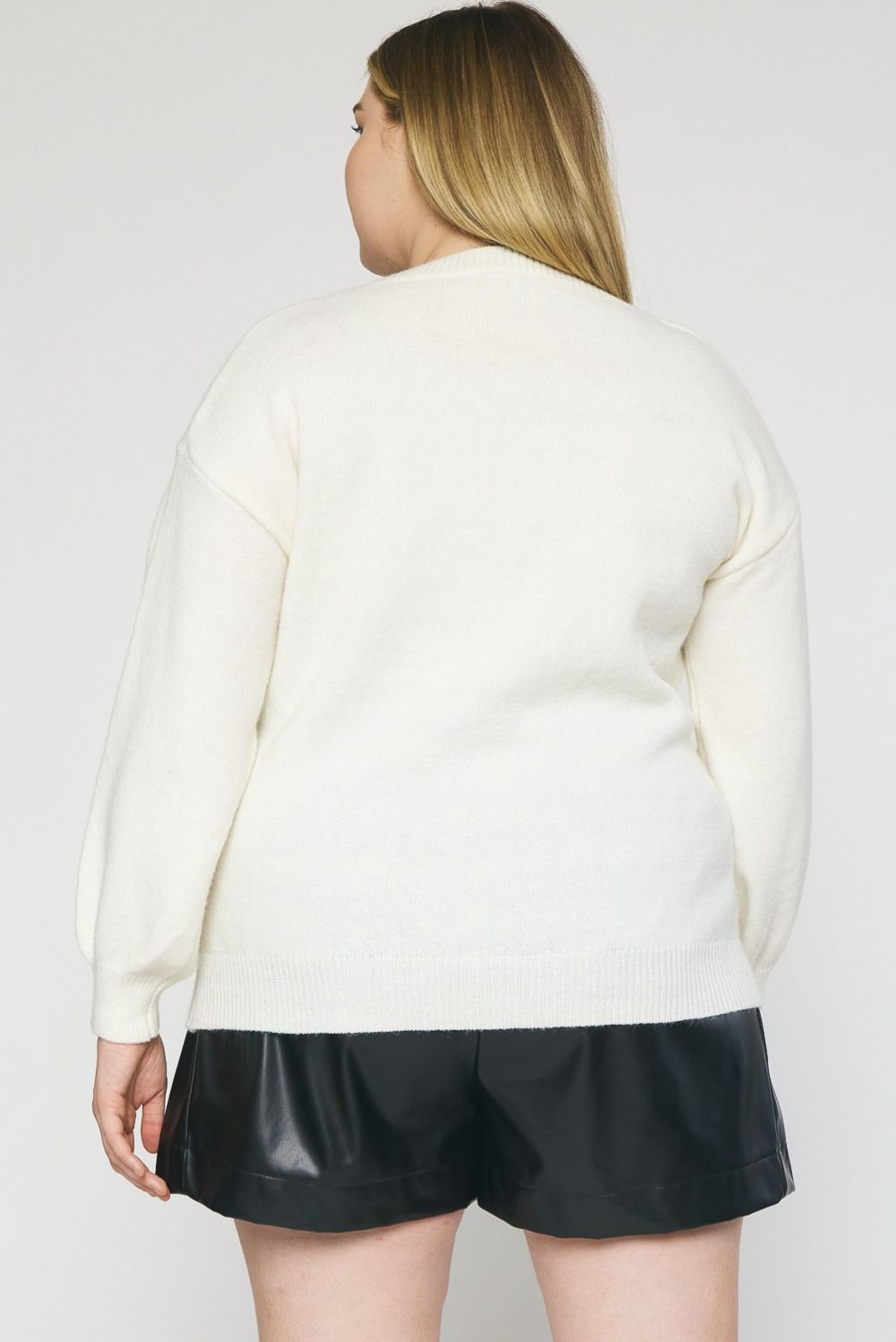 Round Neck Fuzzy knit Sweater featuring lettering trimming detail - Curvy Size - Blush & Cactus