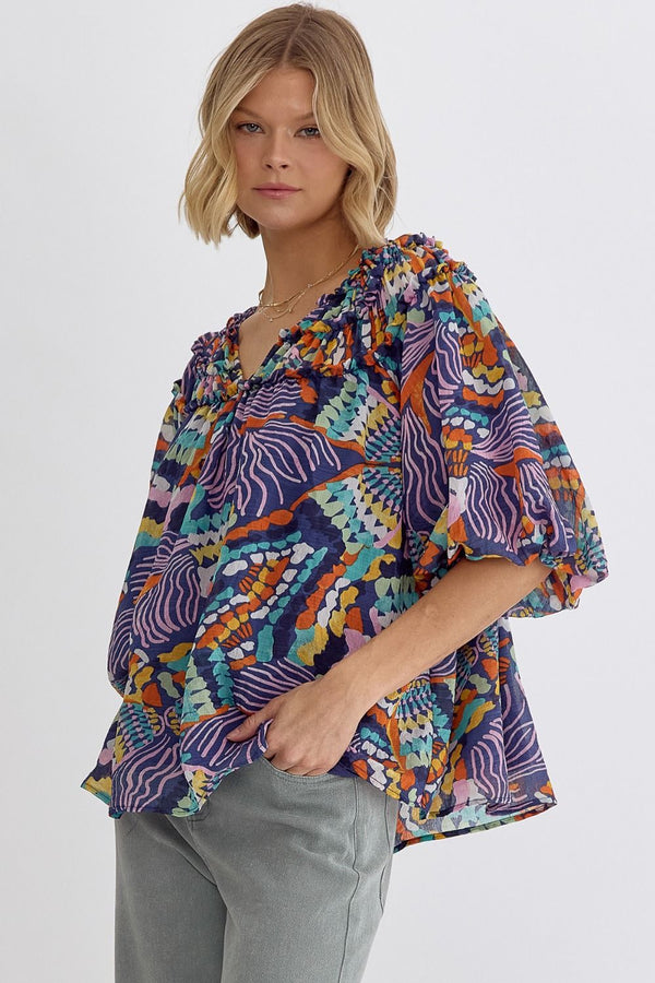 Entro Printed v-neck Half Sleeve top featuring shirring detail at front and back